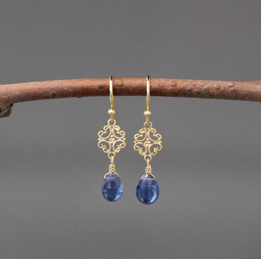 Blue kyanite teardrop earrings with filigree gold vermeil caps and dangling drops