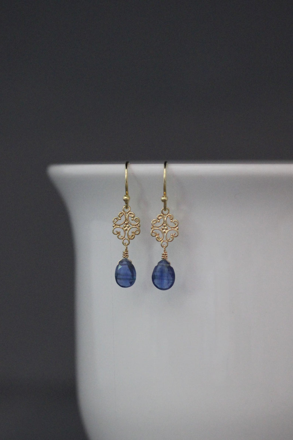 Blue kyanite teardrop dangle earrings with open filigree gold vermeil links