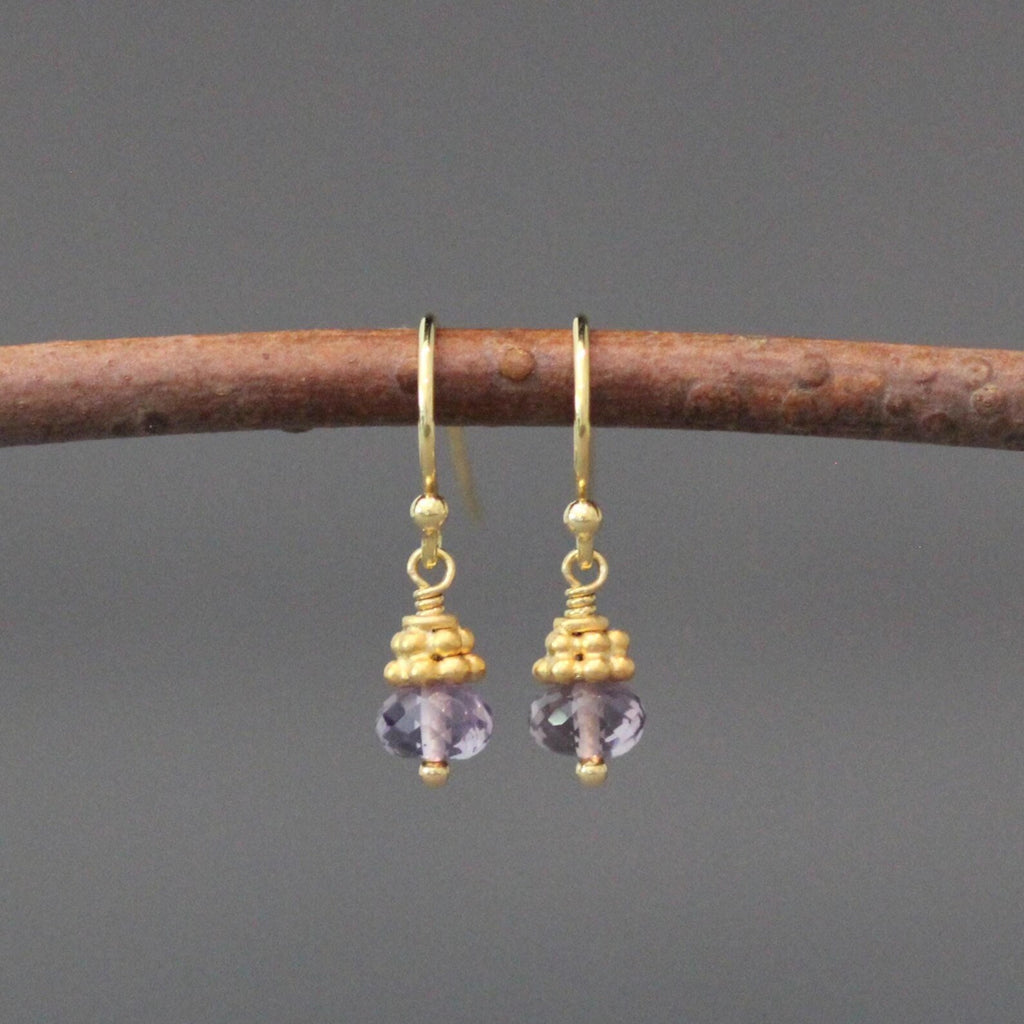 Purple amethyst button drop earrings with gold-tone bead caps and hoop ear wires