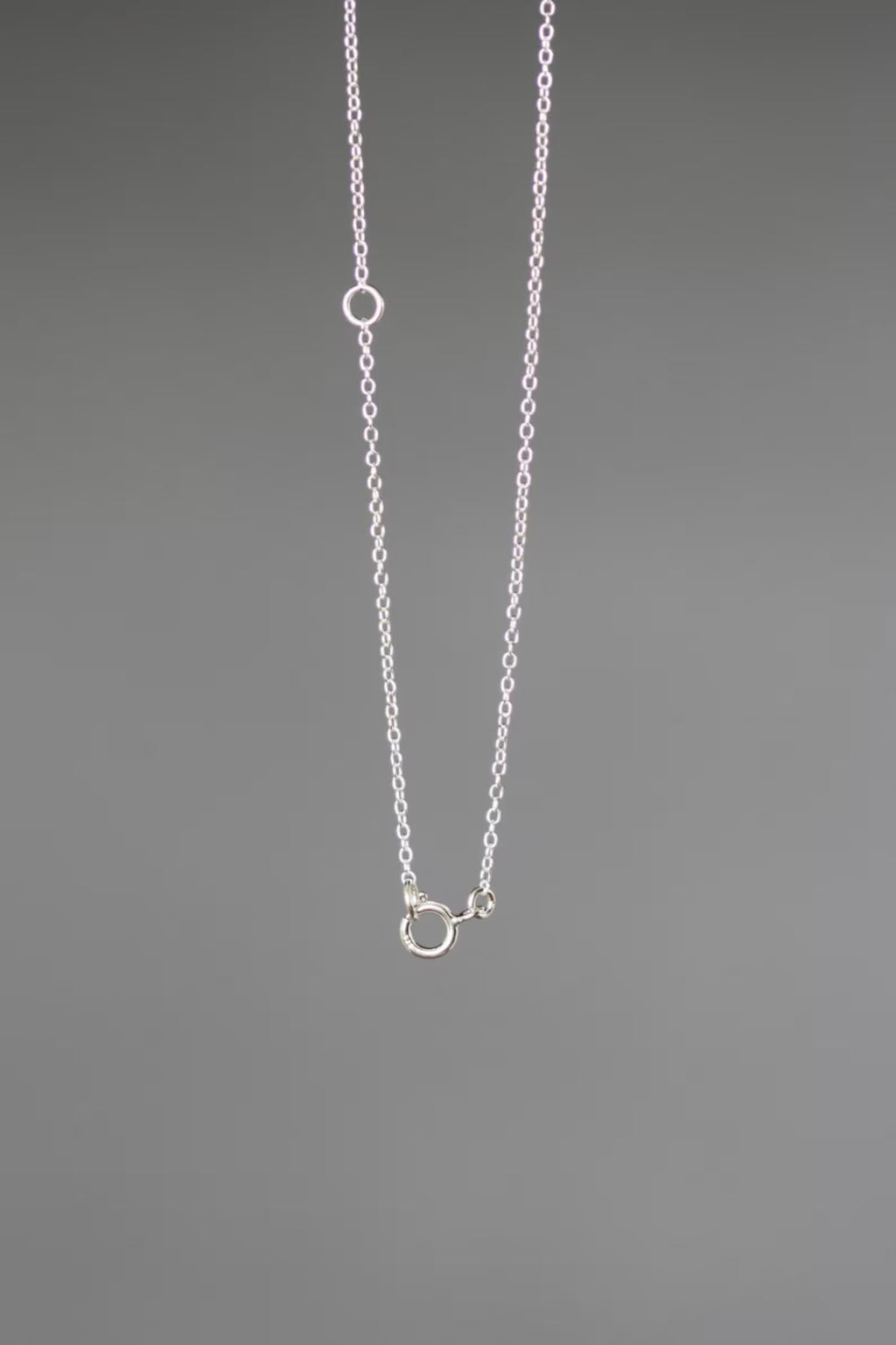 Sterling silver fine chain necklace with clasp at end, no pendant visible.