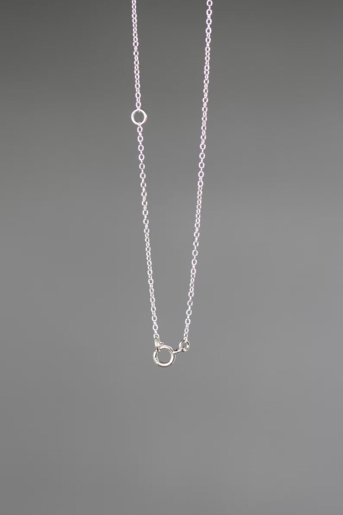 Sterling silver fine chain necklace with clasp at end, no pendant visible.