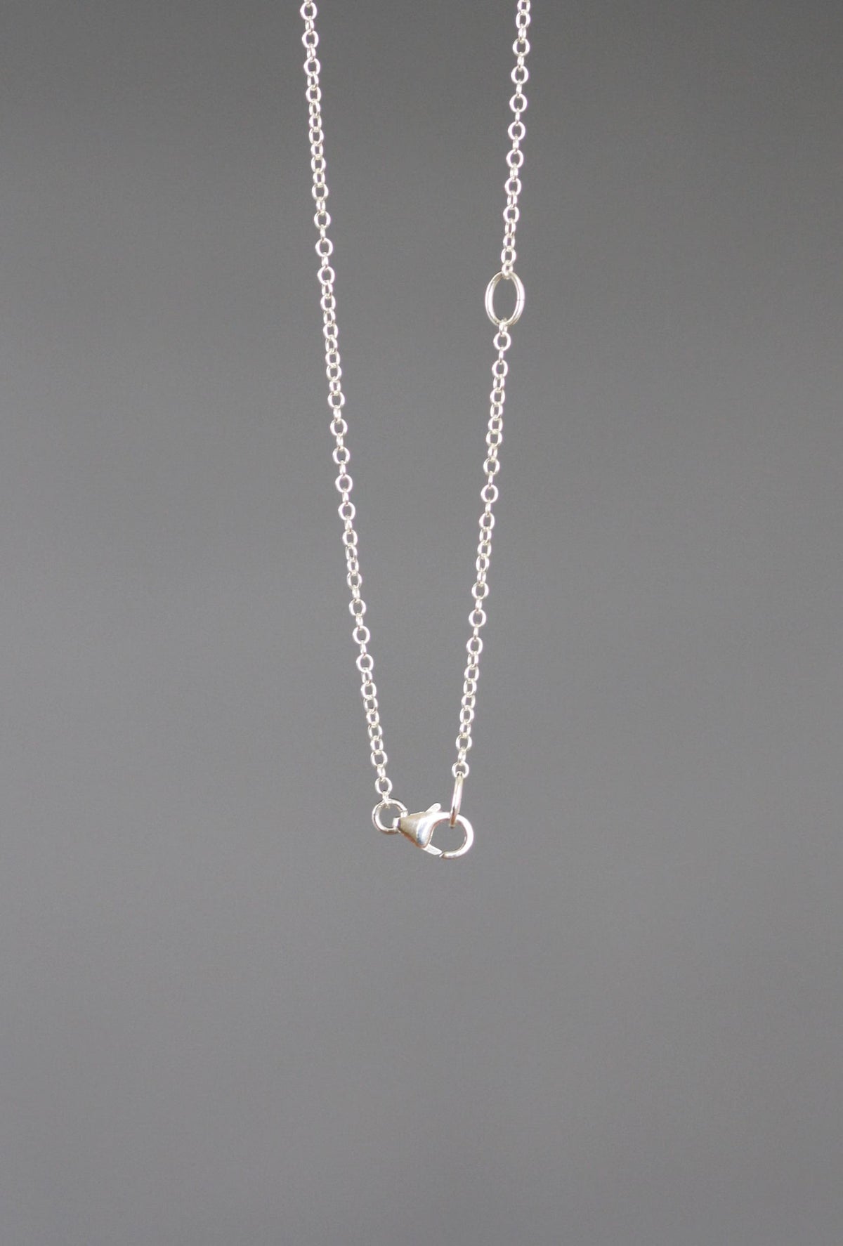 Sterling silver fine chain necklace with clasp and end loop, no pendant visible.