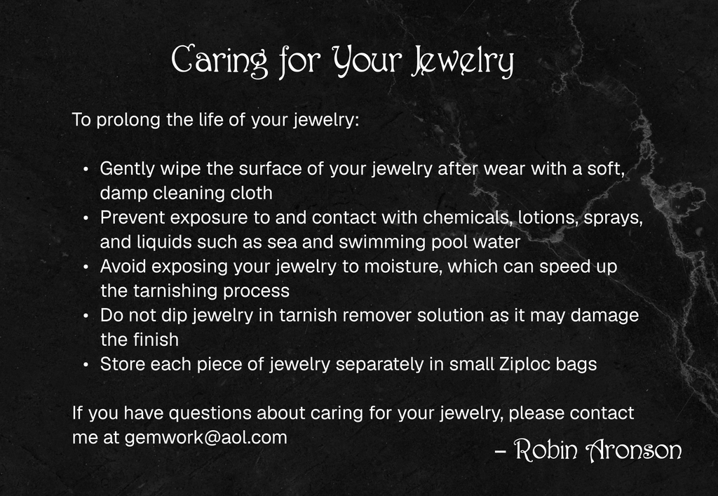 Jewelry care instructions text card: wipe gently, avoid chemicals, store separately