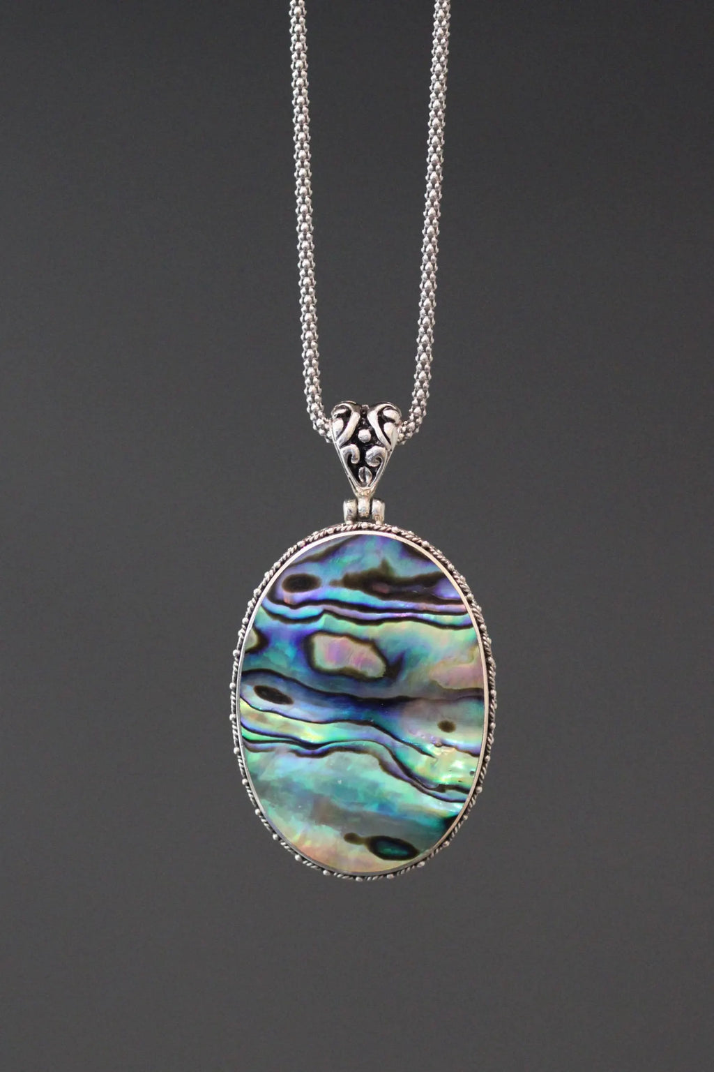 Opalescent Abalone Shell Pendant Necklace on Silver Chain