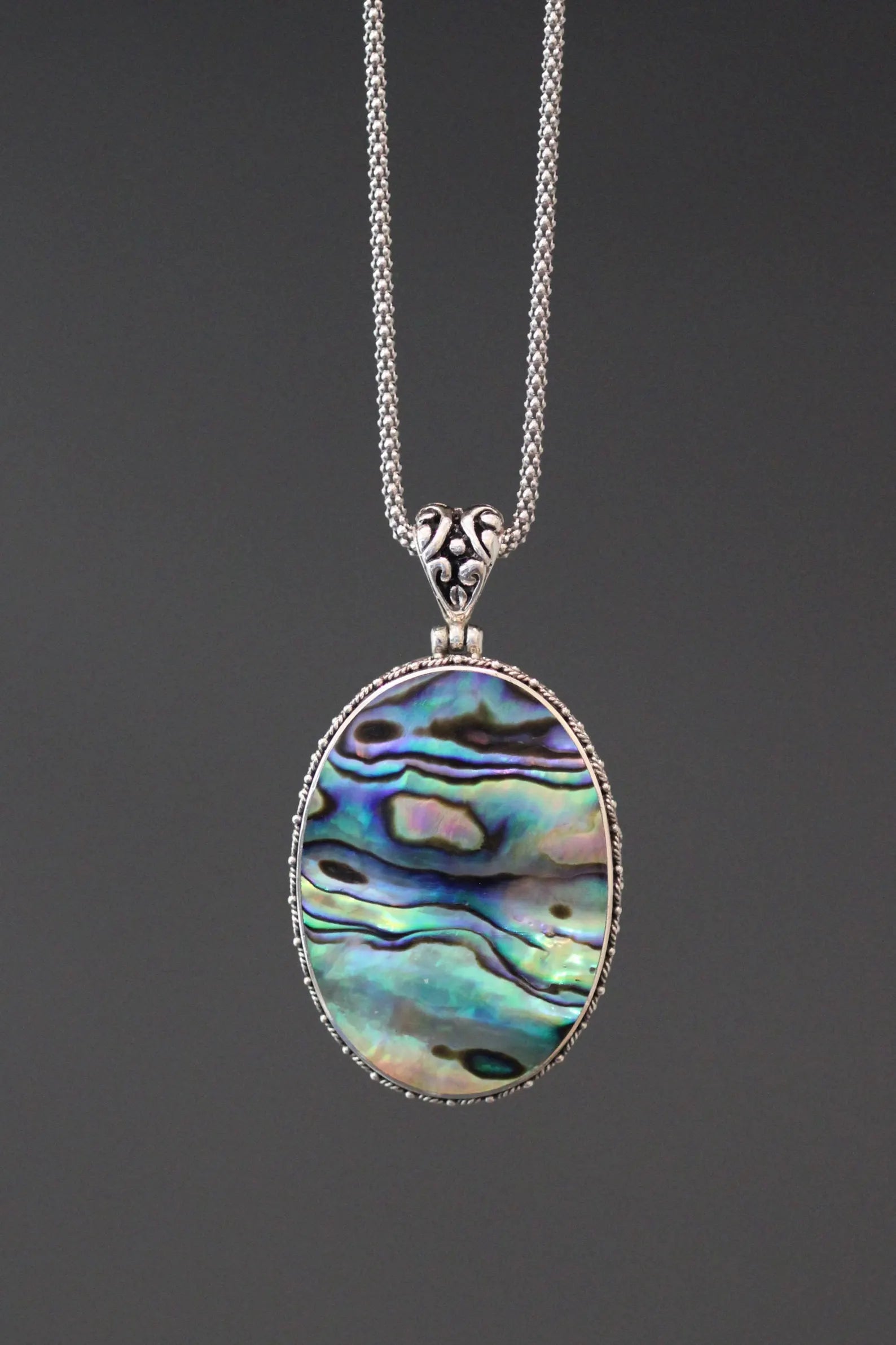Opalescent Abalone Shell Pendant Necklace on Silver Chain