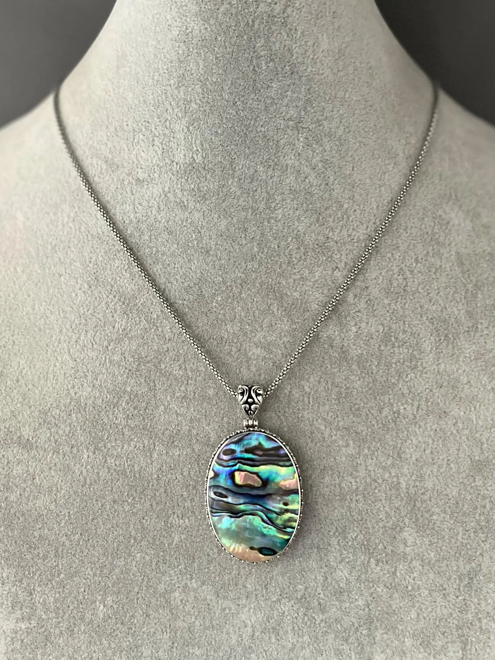 Opalescent Abalone Shell Pendant Necklace on Silver Chain
