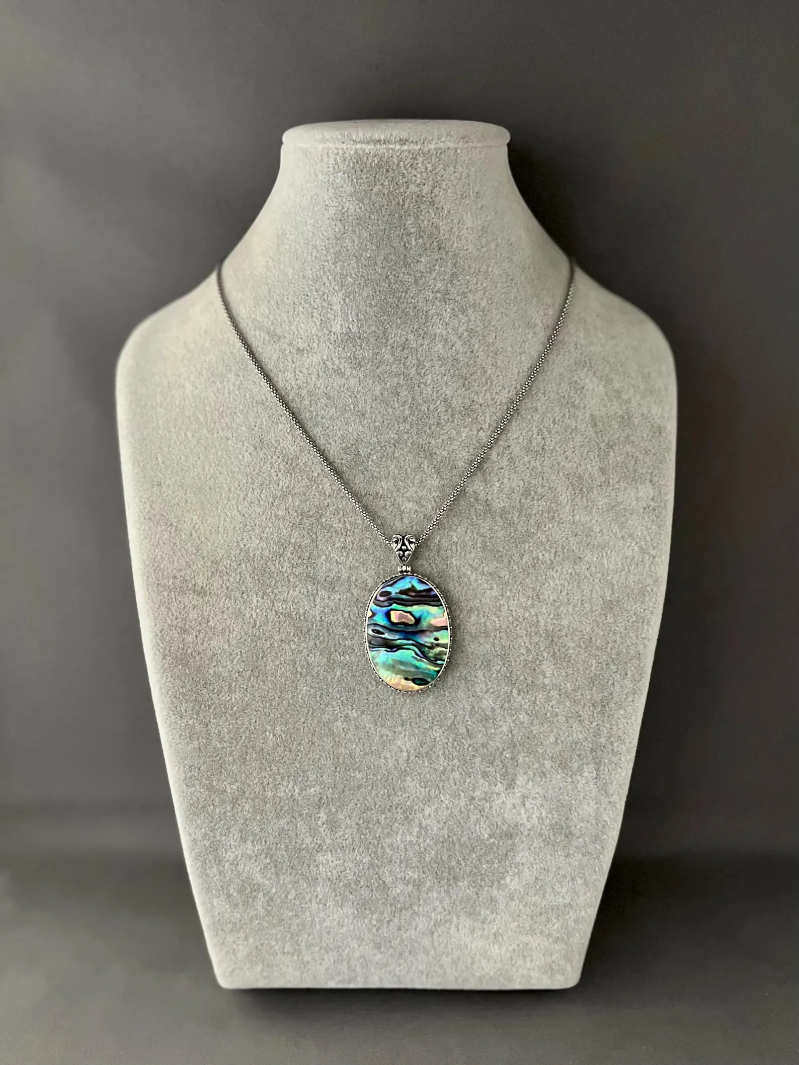 Opalescent Abalone Shell Pendant Necklace on Silver Chain