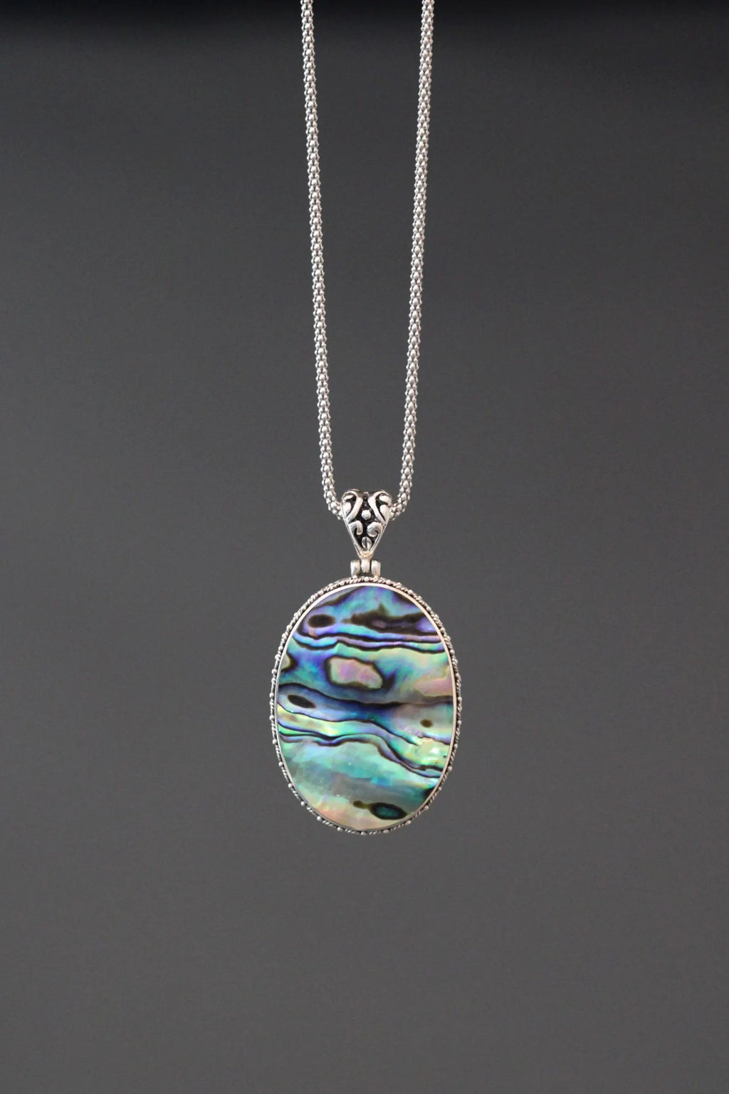 Opalescent Abalone Shell Pendant Necklace on Silver Chain