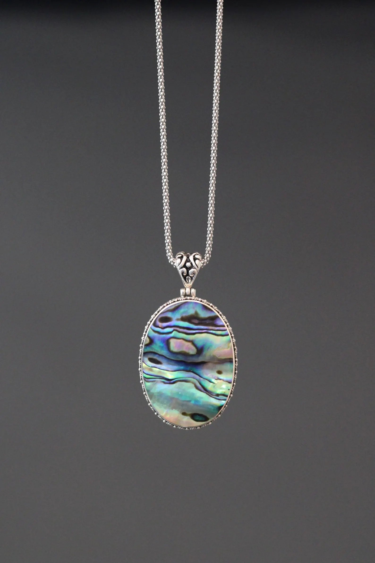 Opalescent Abalone Shell Pendant Necklace on Silver Chain