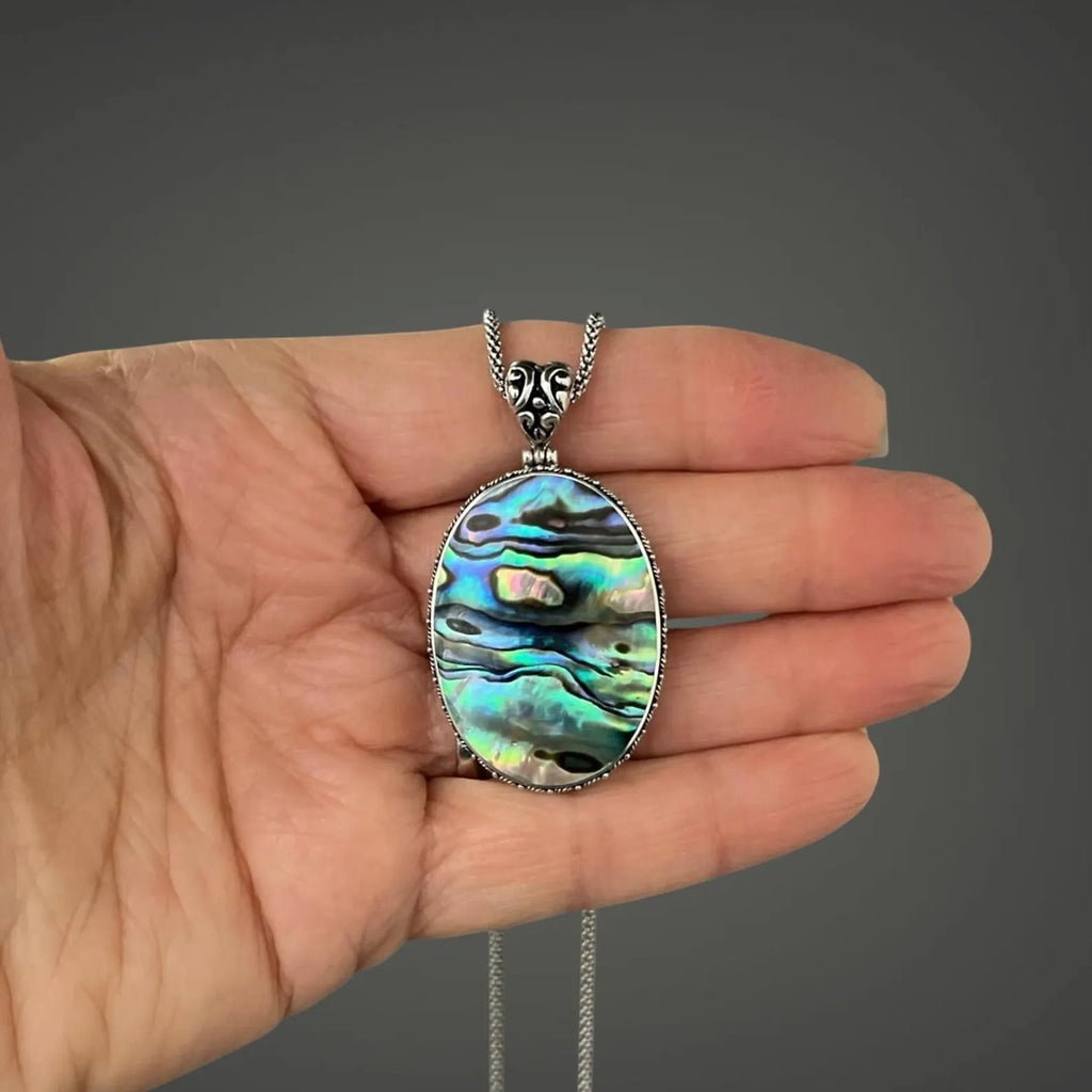 Opalescent Abalone Shell Pendant Necklace on Silver Chain