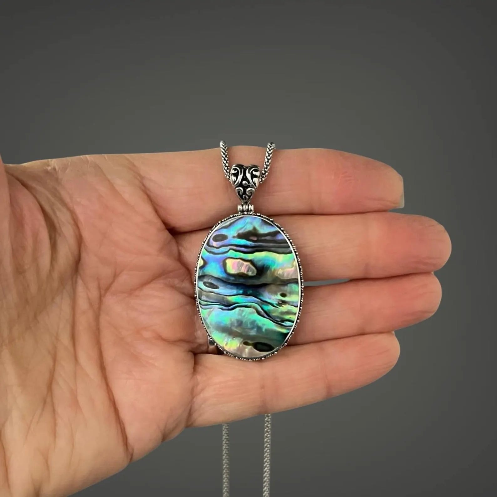 Opalescent Abalone Shell Pendant Necklace on Silver Chain