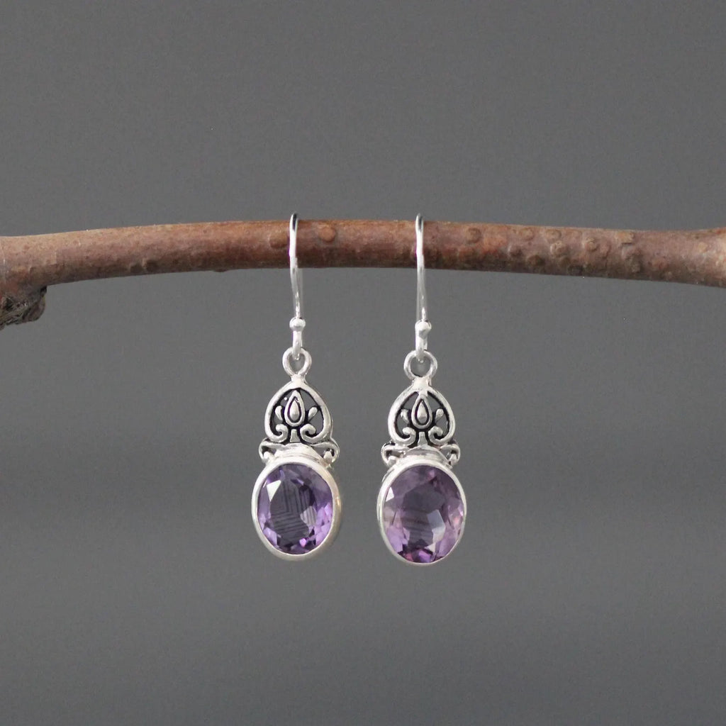 Bezel-Set Deep Purple Amethyst Earrings on Bali Silver
