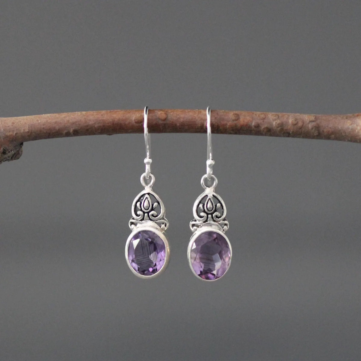 Bezel-Set Deep Purple Amethyst Earrings on Bali Silver