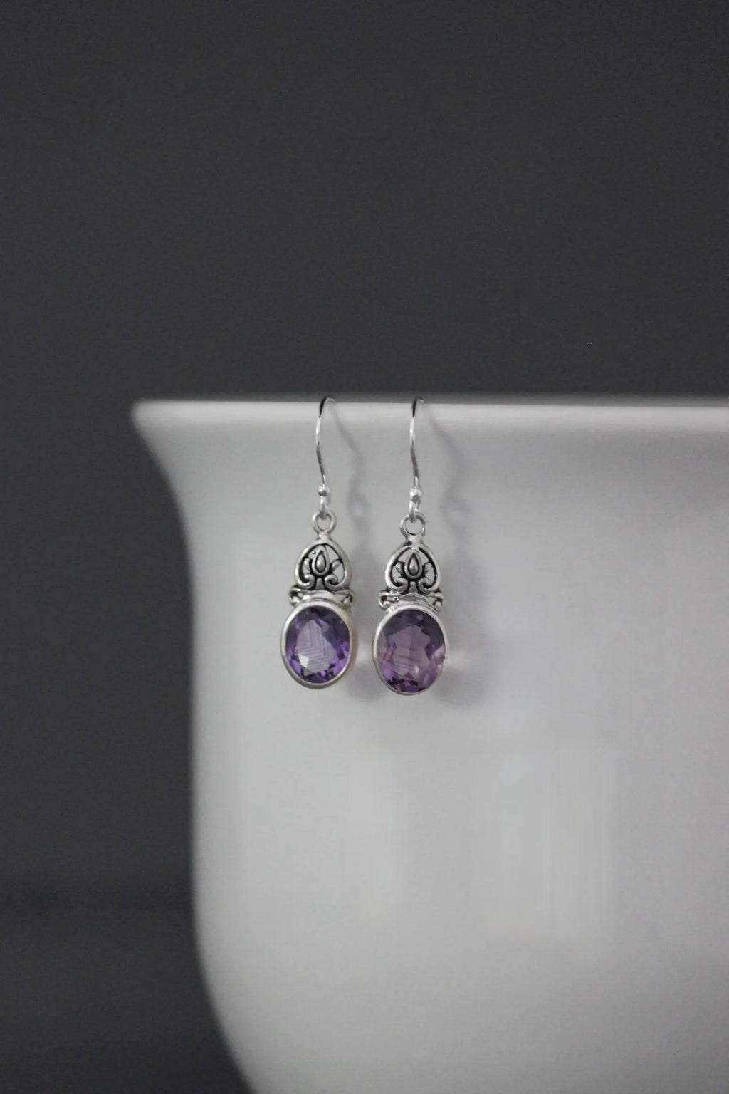 Bezel-Set Deep Purple Amethyst Earrings on Bali Silver
