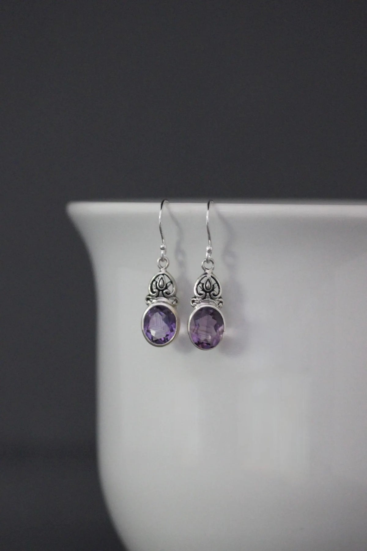 Bezel-Set Deep Purple Amethyst Earrings on Bali Silver