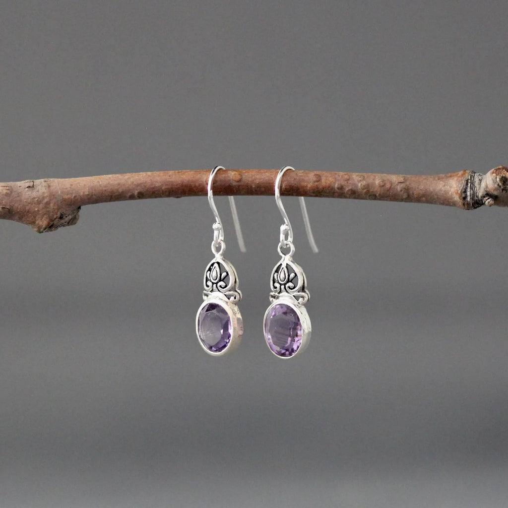 Bezel-Set Deep Purple Amethyst Earrings on Bali Silver