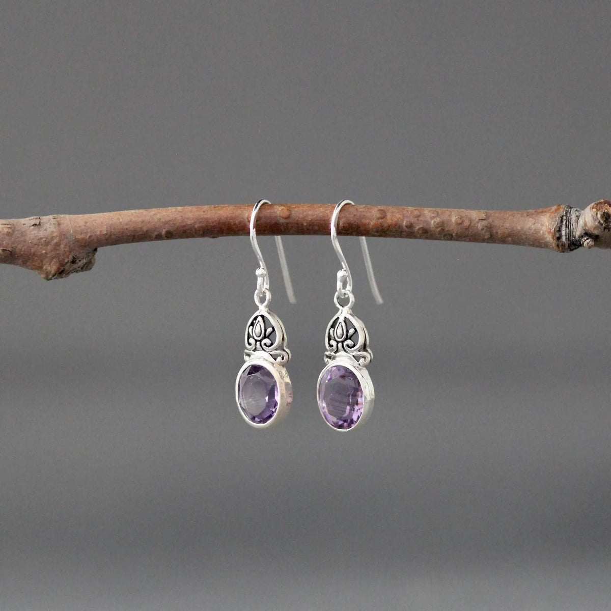 Bezel-Set Deep Purple Amethyst Earrings on Bali Silver