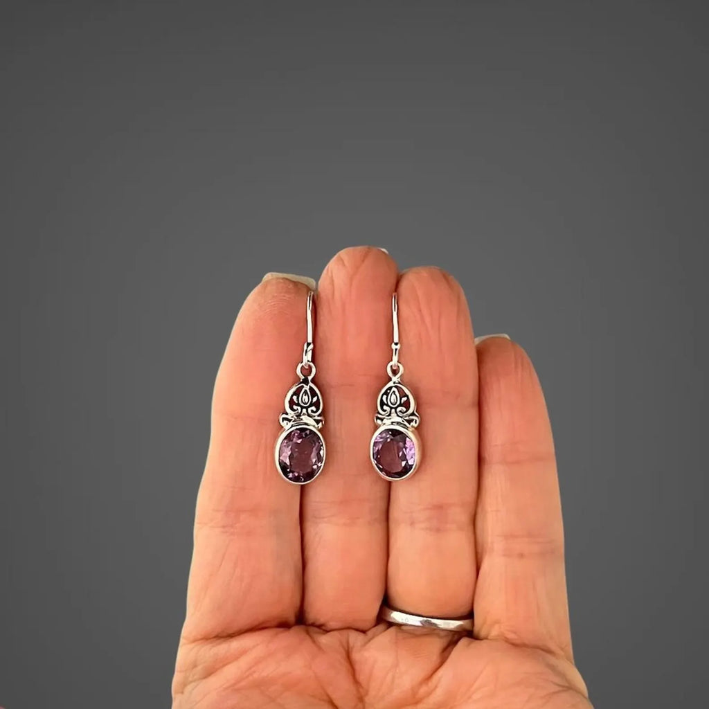 Bezel-Set Deep Purple Amethyst Earrings on Bali Silver