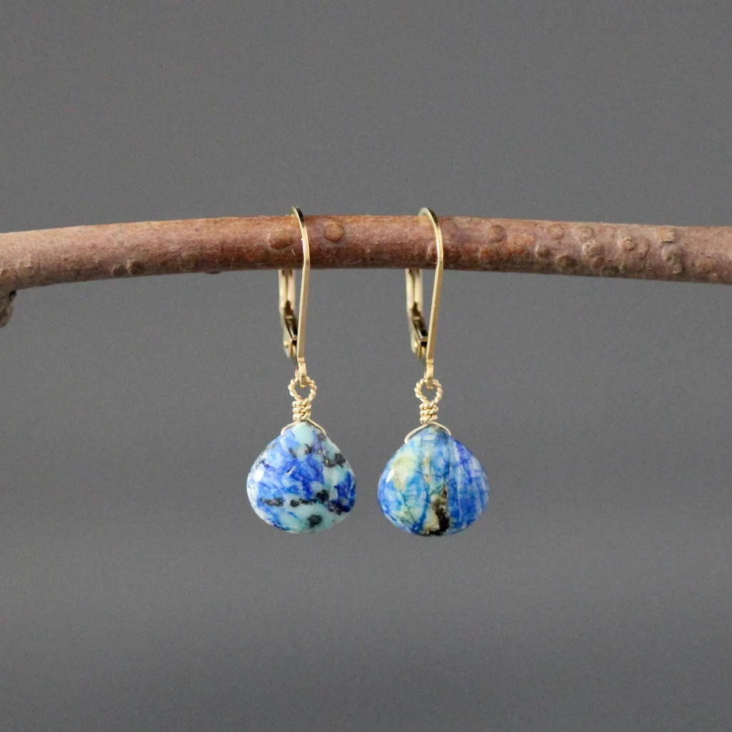 Blue Azurite Turquoise Teardrop Earrings on 14k Gold Filled