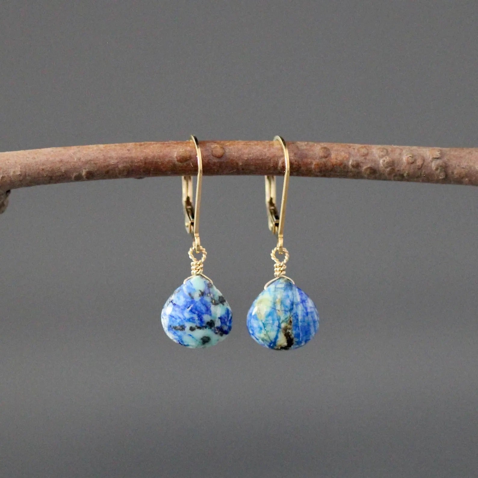 Blue Azurite Turquoise Teardrop Earrings on 14k Gold Filled