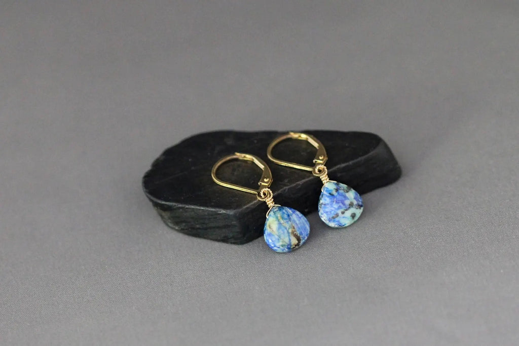 Blue Azurite Turquoise Teardrop Earrings on 14k Gold Filled