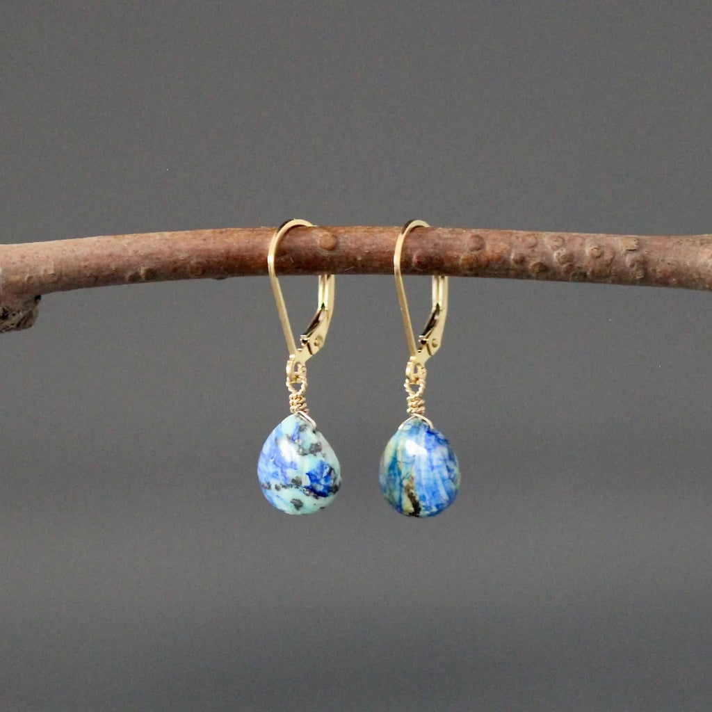 Blue Azurite Turquoise Teardrop Earrings on 14k Gold Filled