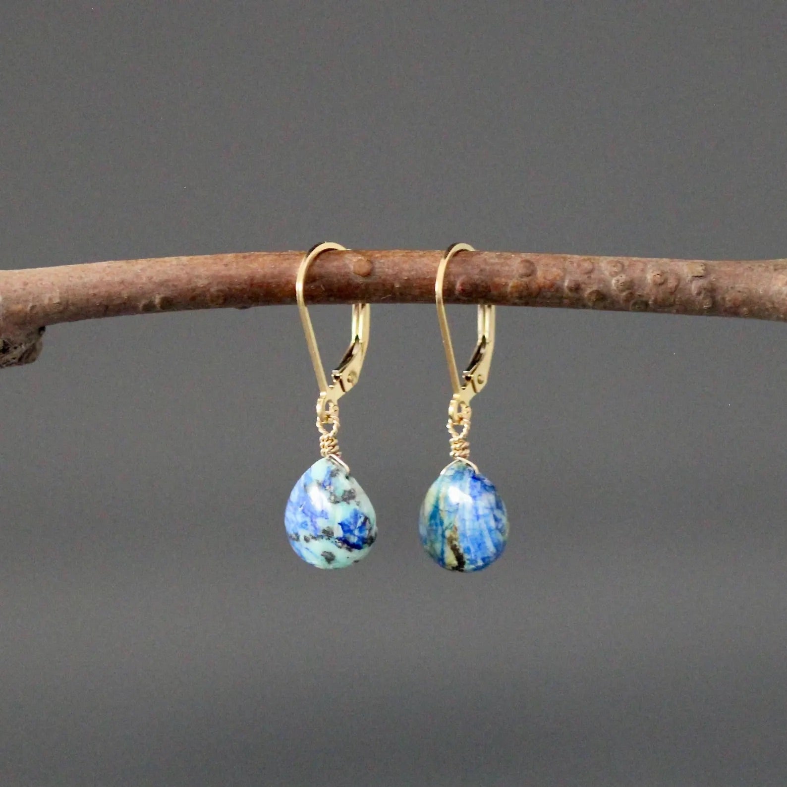 Blue Azurite Turquoise Teardrop Earrings on 14k Gold Filled