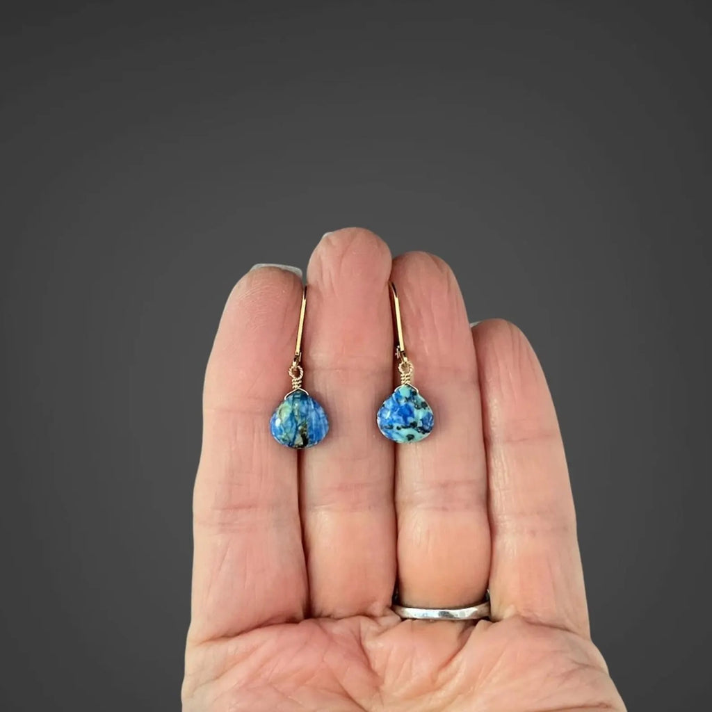 Blue Azurite Turquoise Teardrop Earrings on 14k Gold Filled
