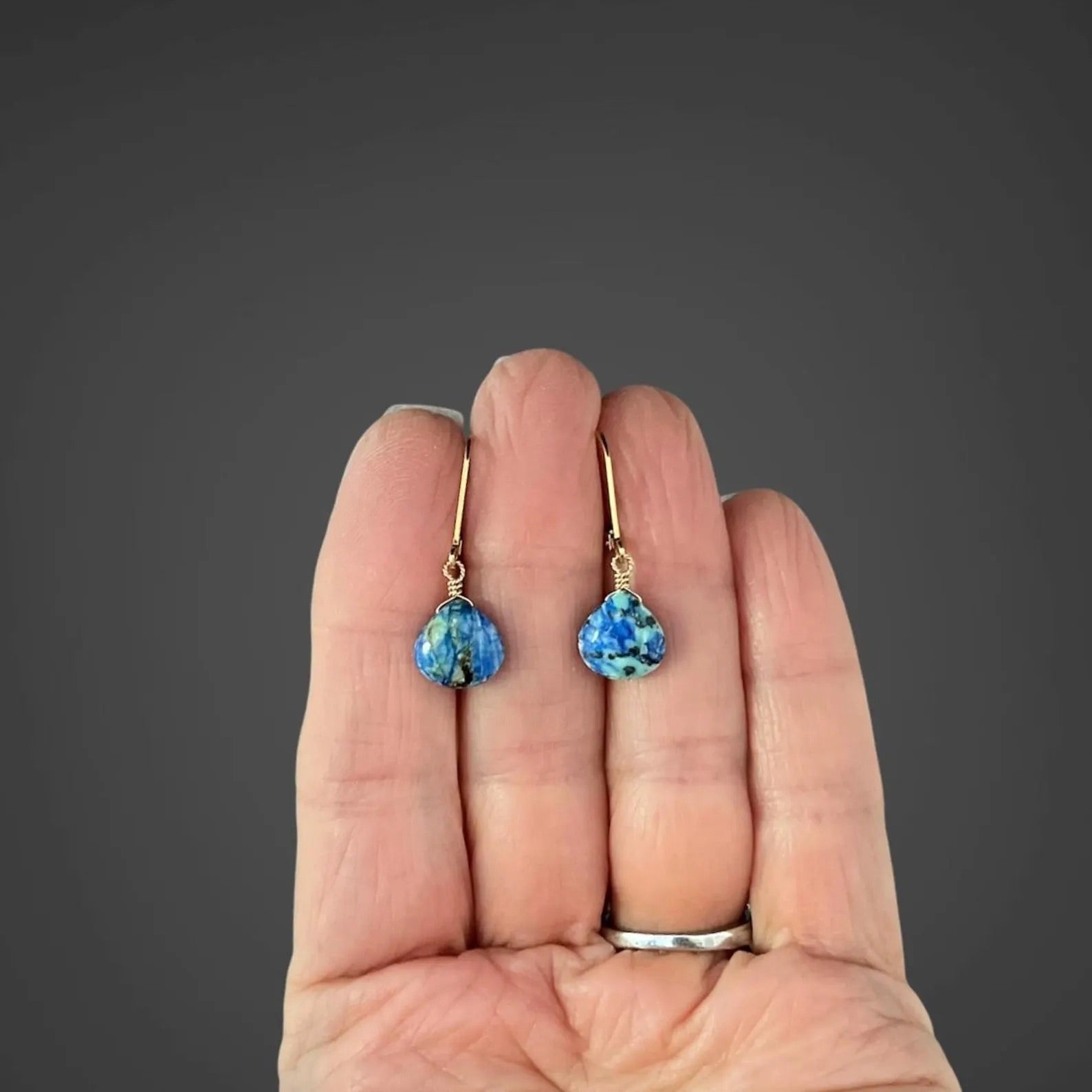 Blue Azurite Turquoise Teardrop Earrings on 14k Gold Filled