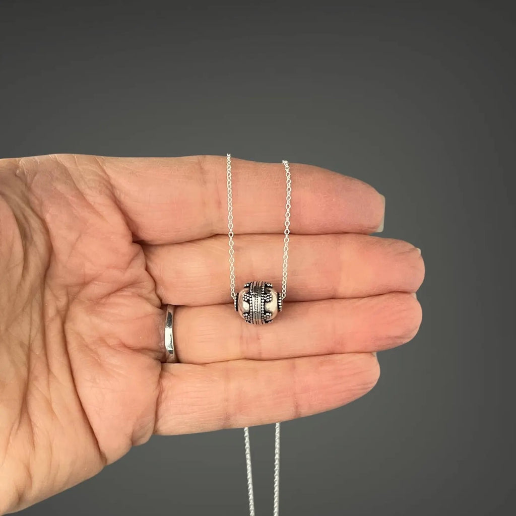 Bali Silver Bead Necklace on Silver Chain
