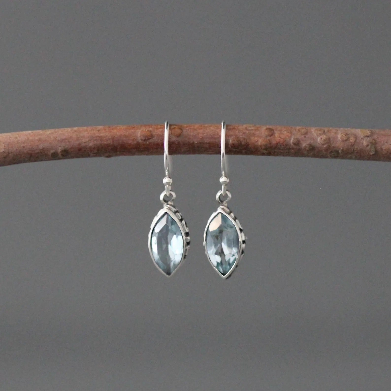 Bali Silver and Marquise-Cut Blue Topaz Earrings