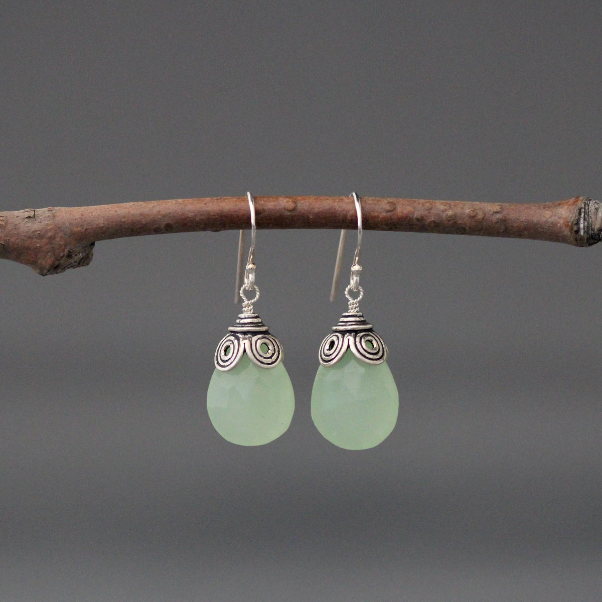 Sea Green Chalcedony Teardrop Earrings on Sterling Silver