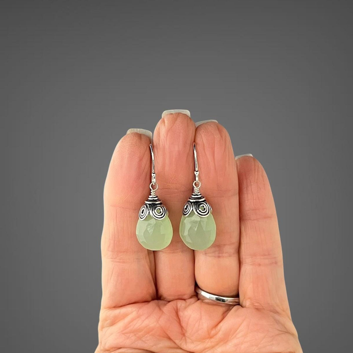 Sea Green Chalcedony Teardrop Earrings on Sterling Silver