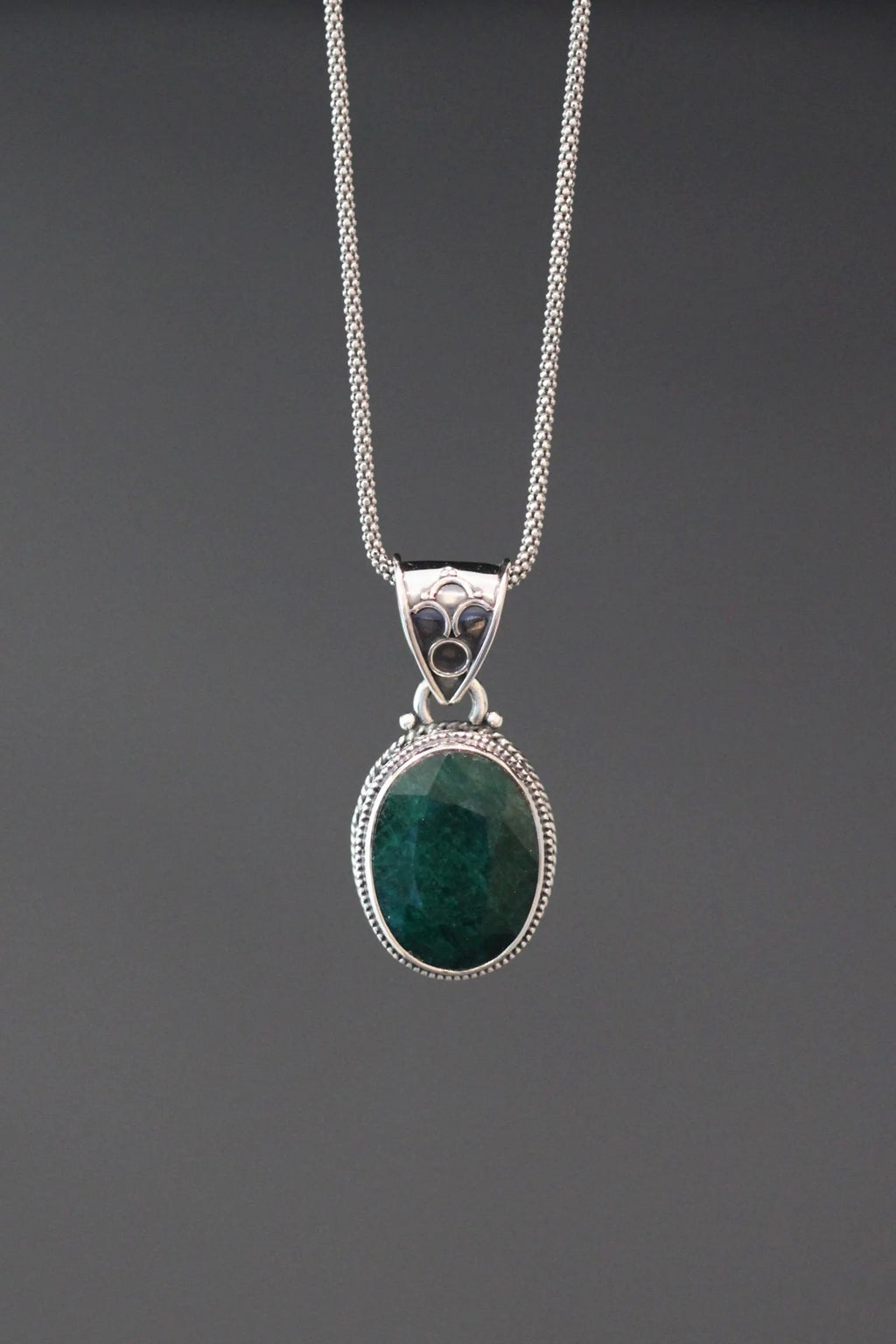 Green Emerald and Bali Silver Pendant Necklace