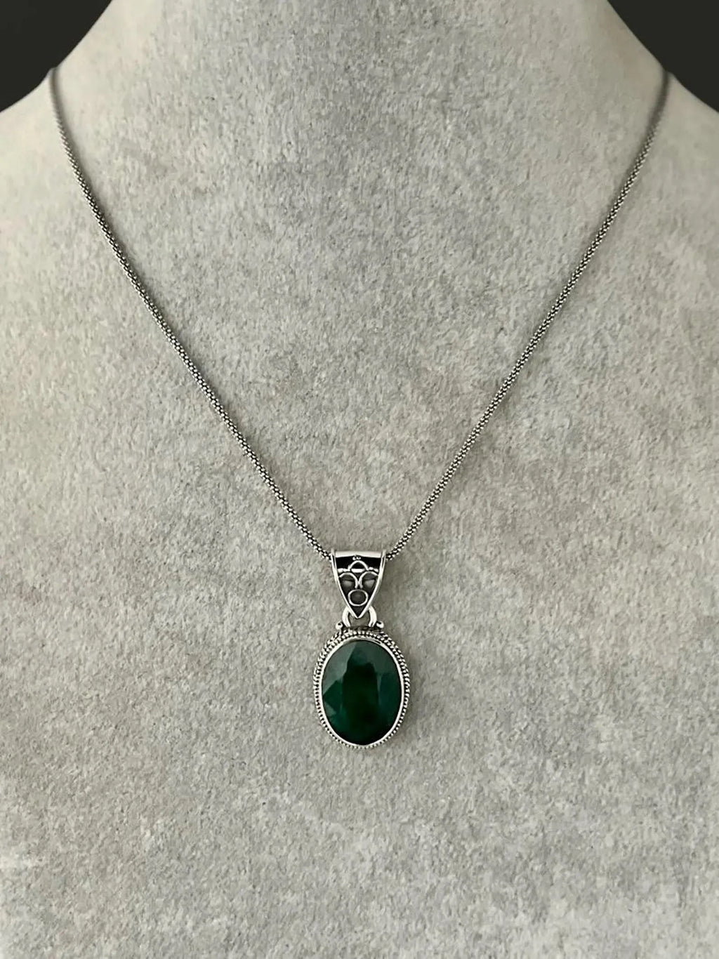 Green Emerald and Bali Silver Pendant Necklace
