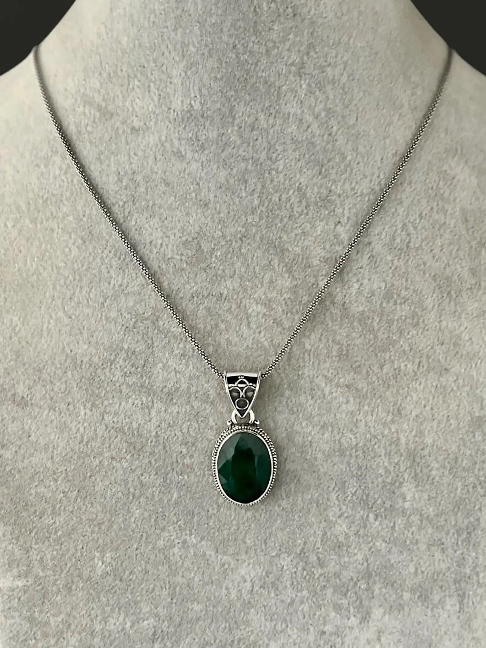Green Emerald and Bali Silver Pendant Necklace