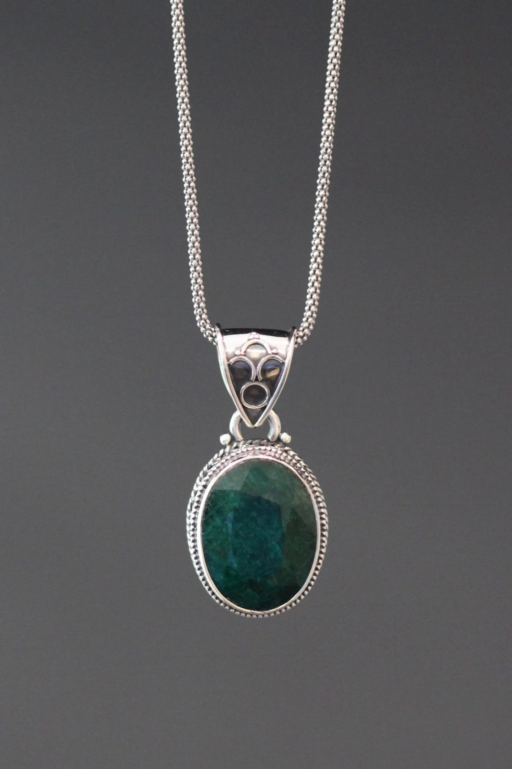 Green Emerald and Bali Silver Pendant Necklace