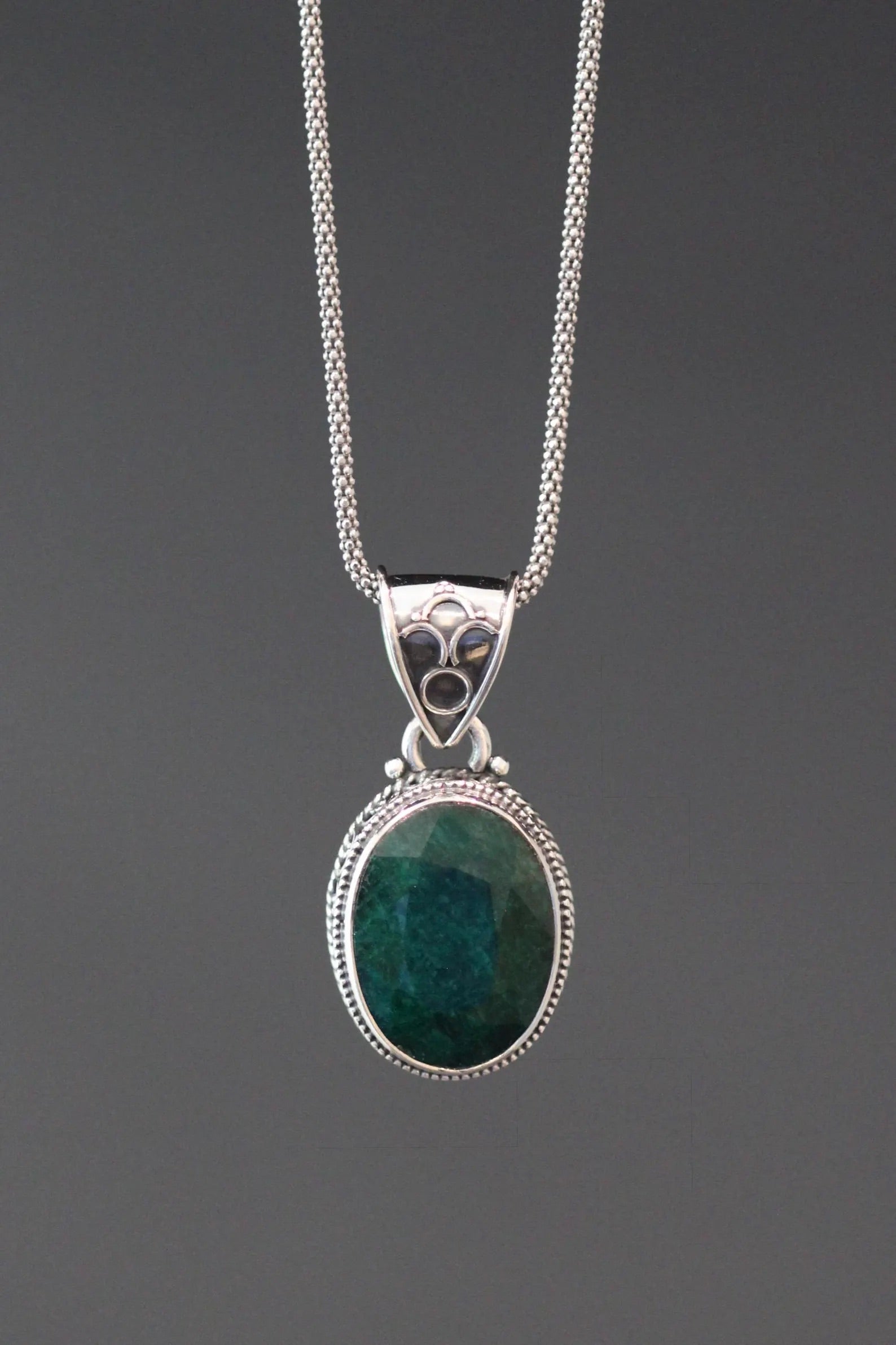 Green Emerald and Bali Silver Pendant Necklace