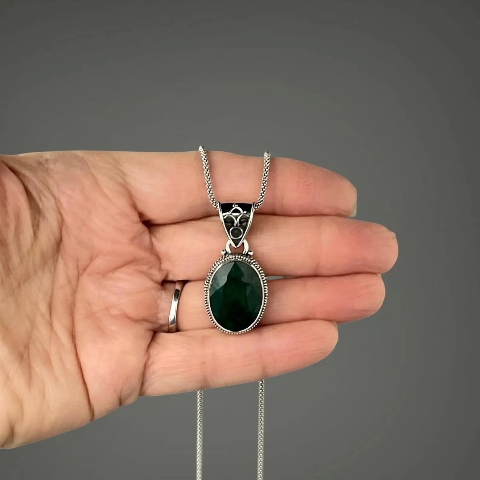 Green Emerald and Bali Silver Pendant Necklace