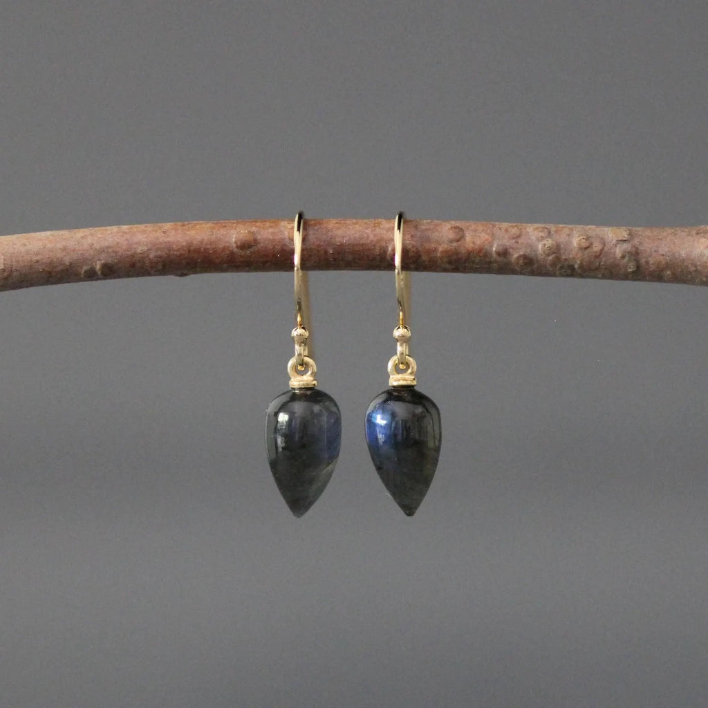 Pair of black teardrop earrings with gold hooks on a branch against a gray background