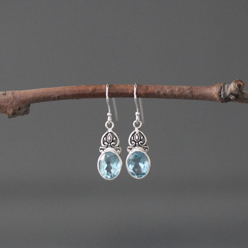 Oval-Cut Blue Topaz and Bali Silver Earrings