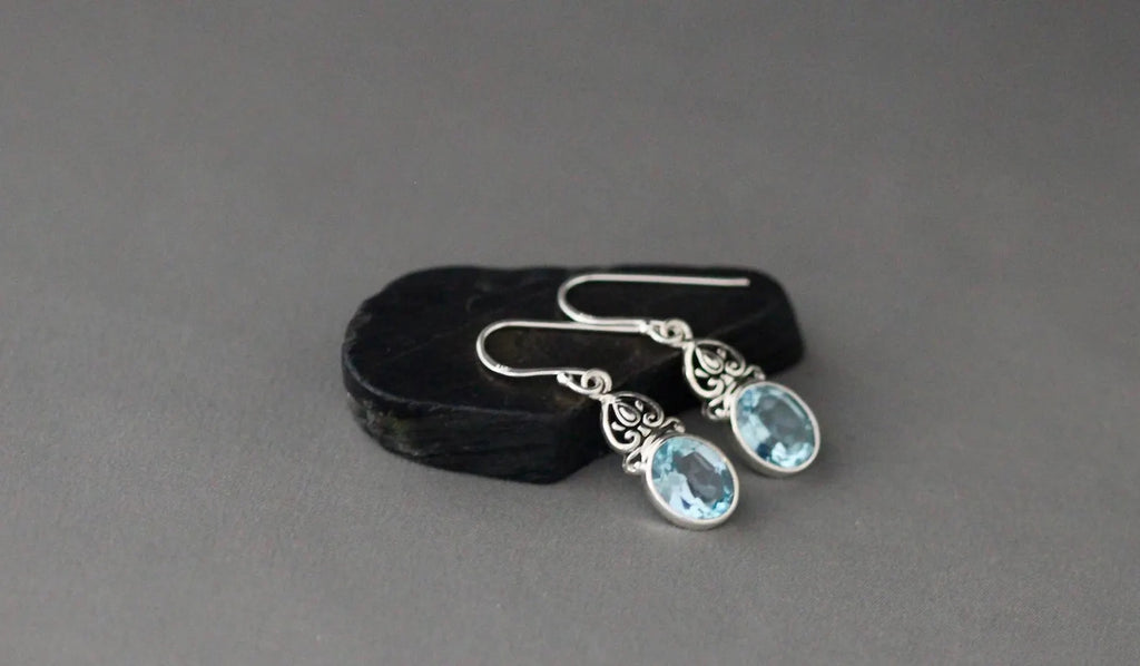 Oval-Cut Blue Topaz and Bali Silver Earrings