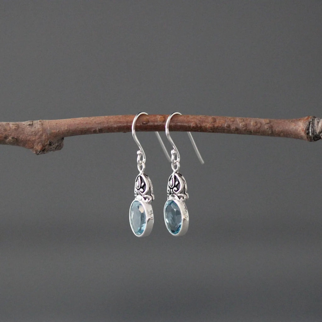 Oval-Cut Blue Topaz and Bali Silver Earrings