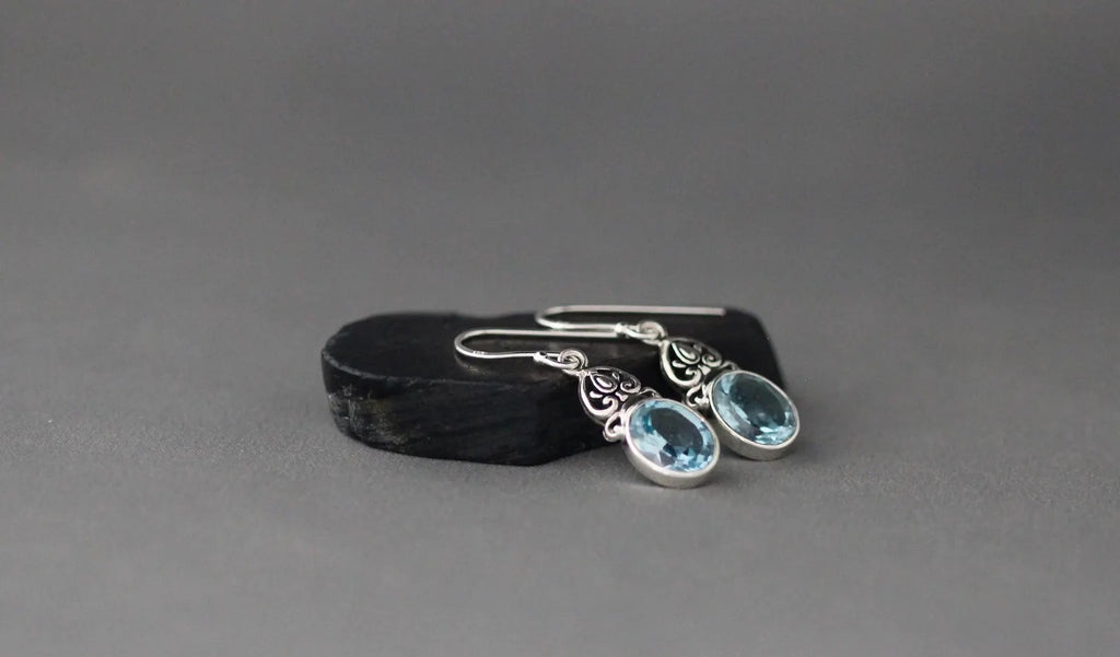 Oval-Cut Blue Topaz and Bali Silver Earrings