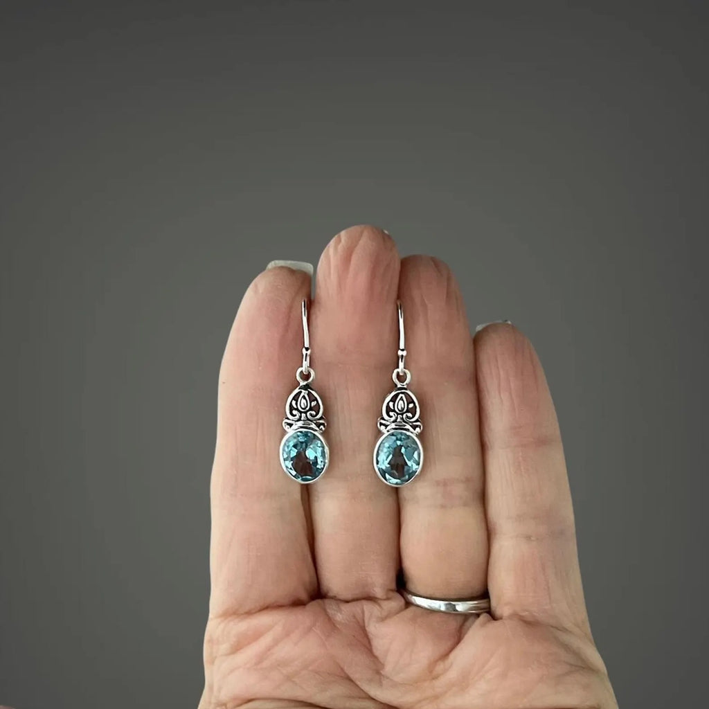 Oval-Cut Blue Topaz and Bali Silver Earrings