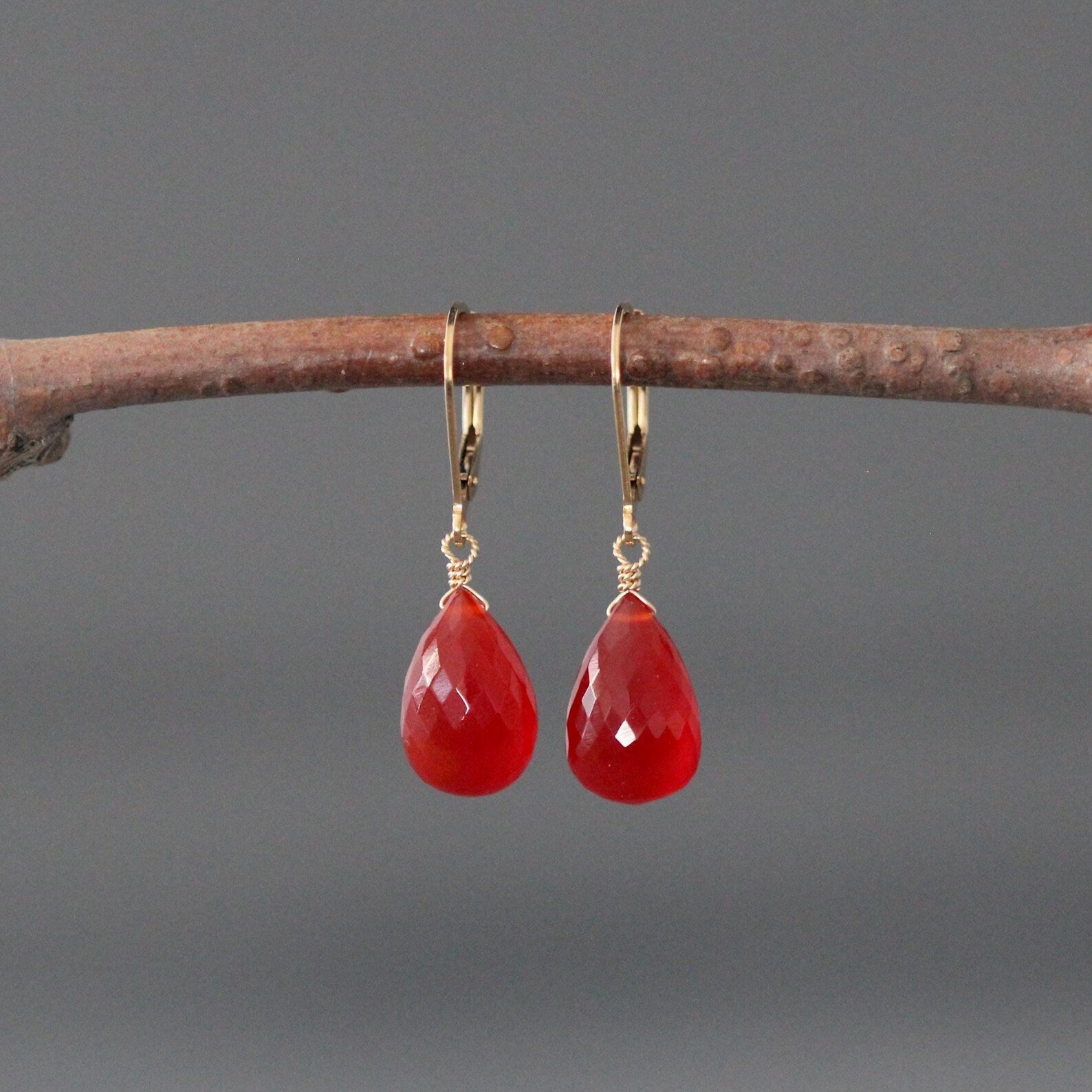Orange Carnelian Teardrop Earrings on Gold Filled Leverbacks