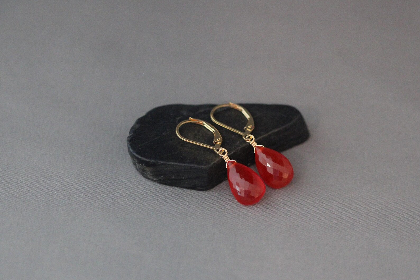 Orange Carnelian Teardrop Earrings on Gold Filled Leverbacks