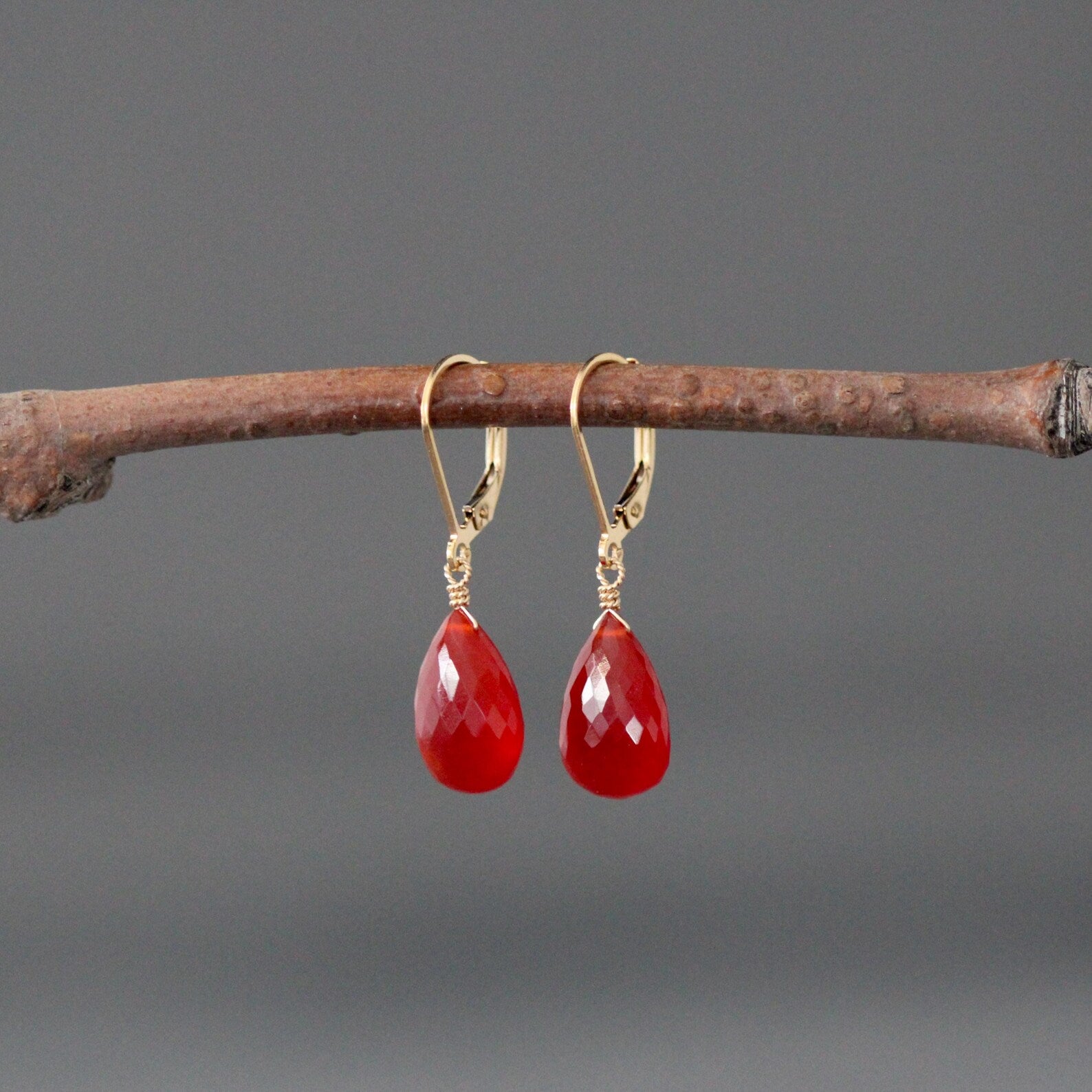 Orange Carnelian Teardrop Earrings on Gold Filled Leverbacks