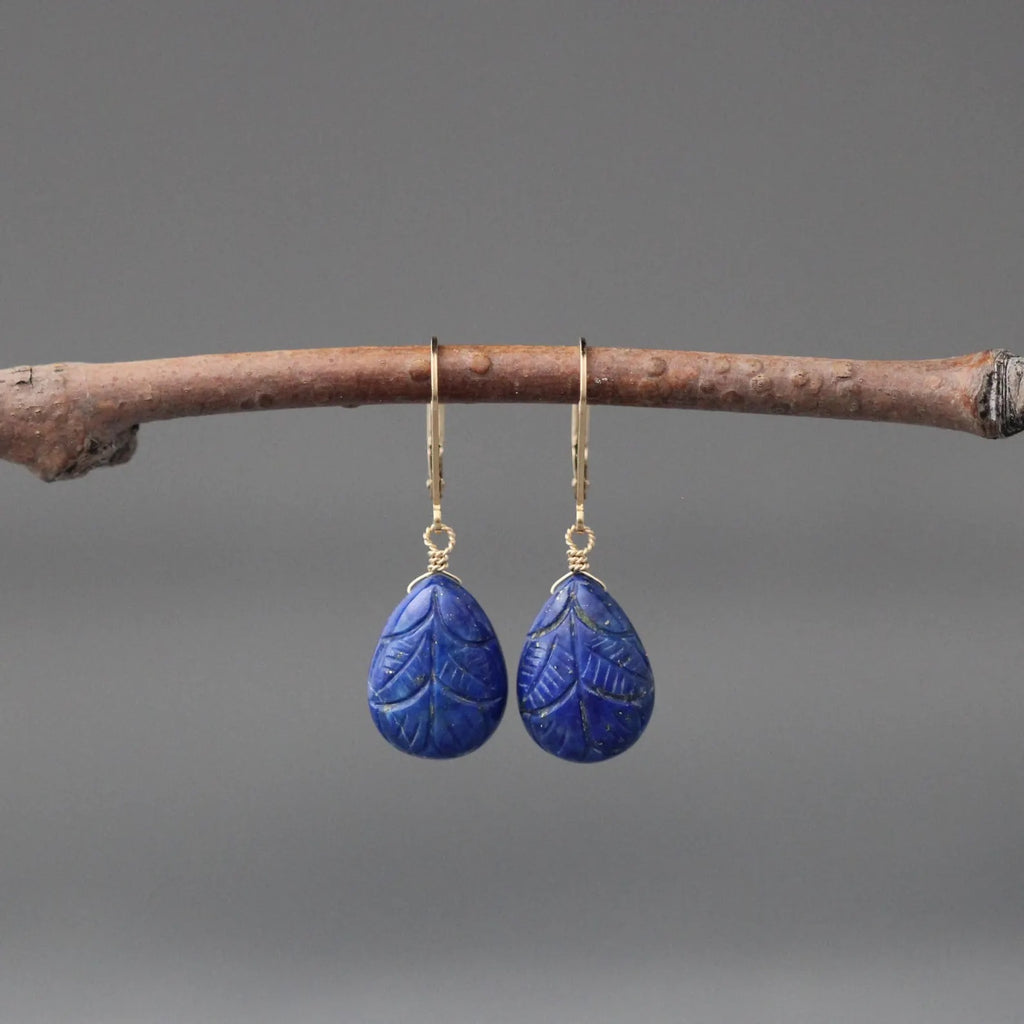 Gold leverback earrings with carved blue lapis leaf teardrop drops