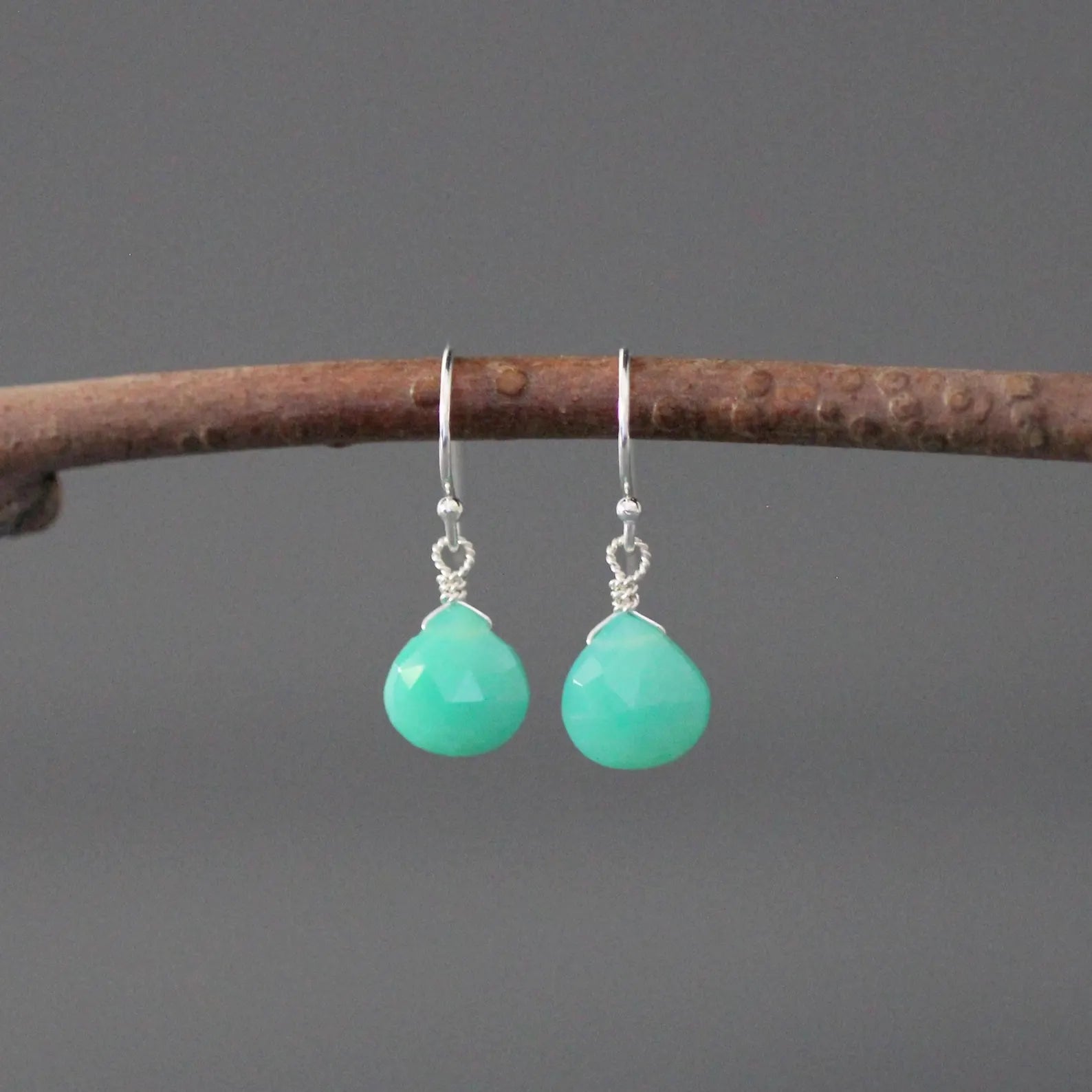 Green Chrysoprase Teardrop Earrings on Sterling SIlver